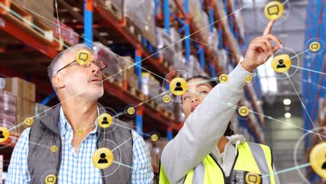 animation of networks of connections with icons over people working in warehouse