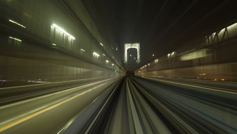 modern metro line, cabin view timelapse at night, car pass bridge