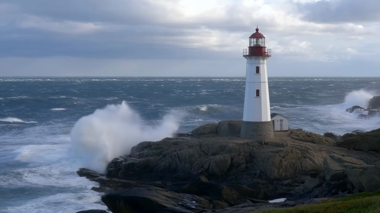 Stormy Sea Lighthouse On Rocky Coast With Crashing Waves, Windblown Spray, Overcast Sky And Distant Horizon