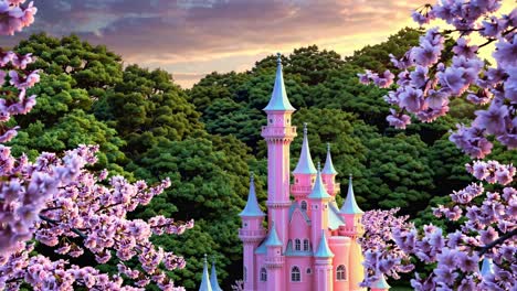 pink castle amidst cherry blossoms