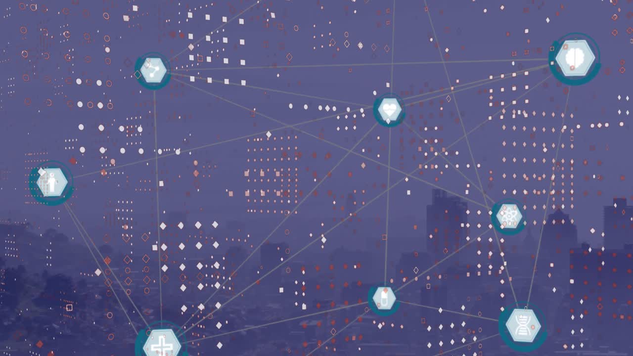 Animation of network of digital icons and dots pattern against aerial view of cityscape