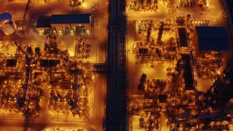 Aerial-top-view-of-Petrochemical-Plant-Illuminated-at-night