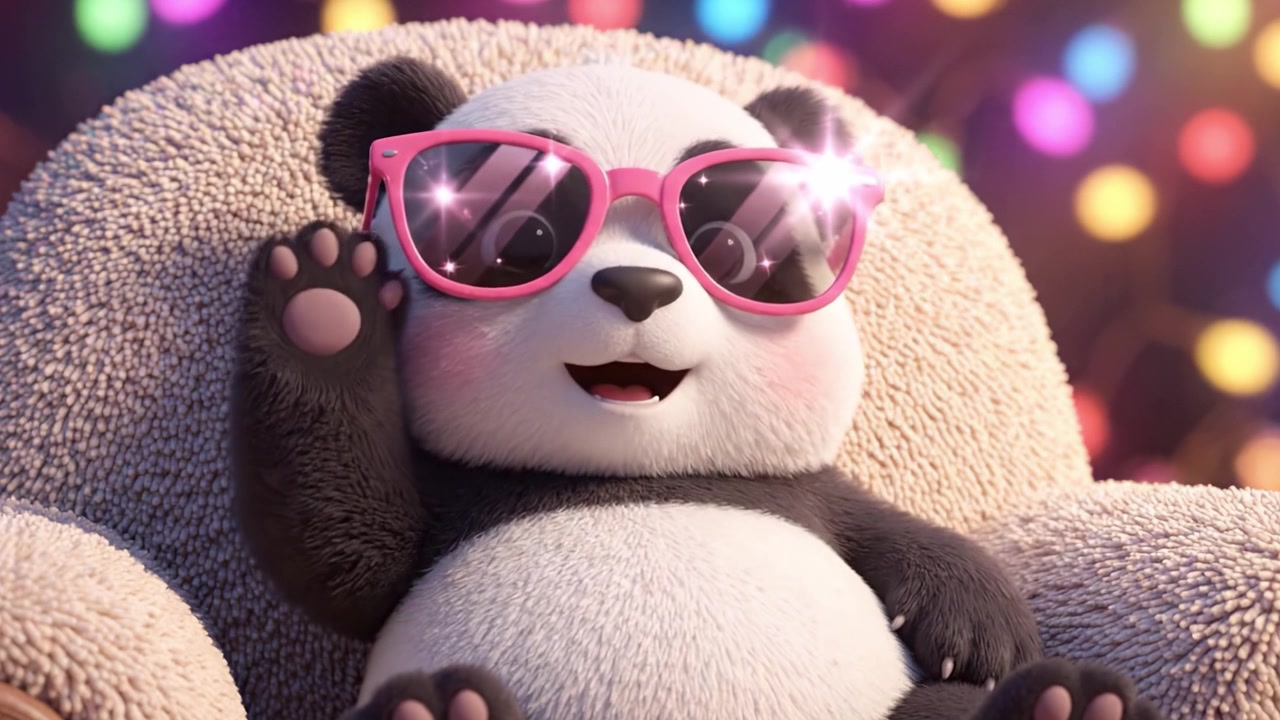 Un Delizioso Personaggio Panda Animato che Indossa Eleganti Occhiali da Sole Rosa, Emanando Fascino e Gioia Mentre si Rilassa Comodamente in una Comoda Poltrona su uno Sfondo Vibrante e Colorato