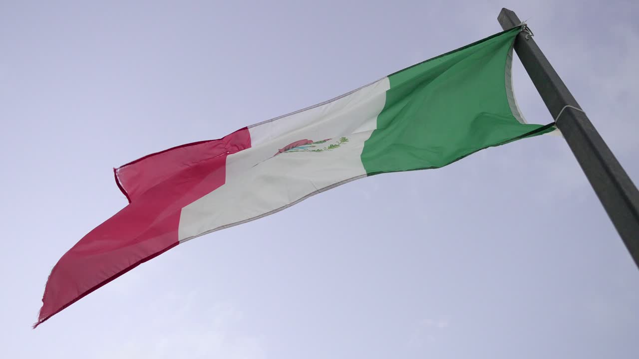 Mexican flag, old, damaged, flutters on a flagpole, colors of green, white, red visible, emblem of eagle and snake featured, bright daylight above, slight movement in the breeze.