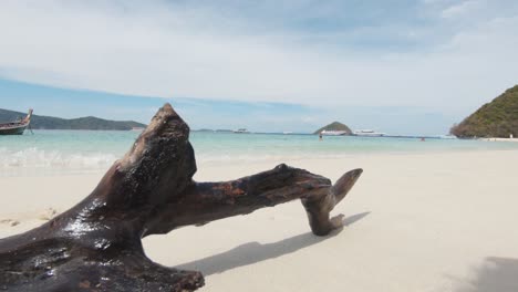 Idyllic-coastline-view-of-Banana-Beach-in-Koh-Hey-,-Thailand---Ground-level-wide-slide-gimbal-shot