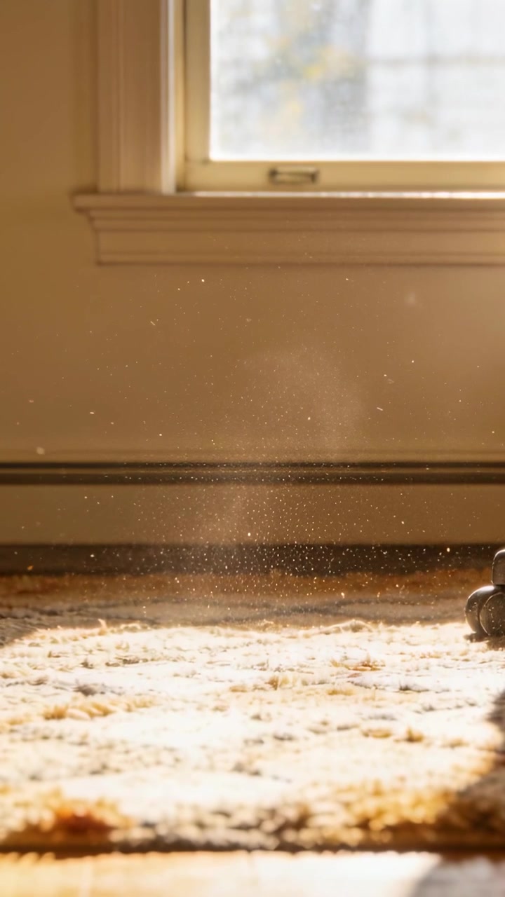 Vertical video: Rising dust plume lifting from rug by window as sunbeam warming and caster shifting