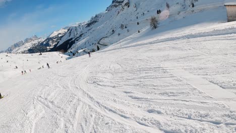 fpv pov of alpine skiing in dolomites, italy