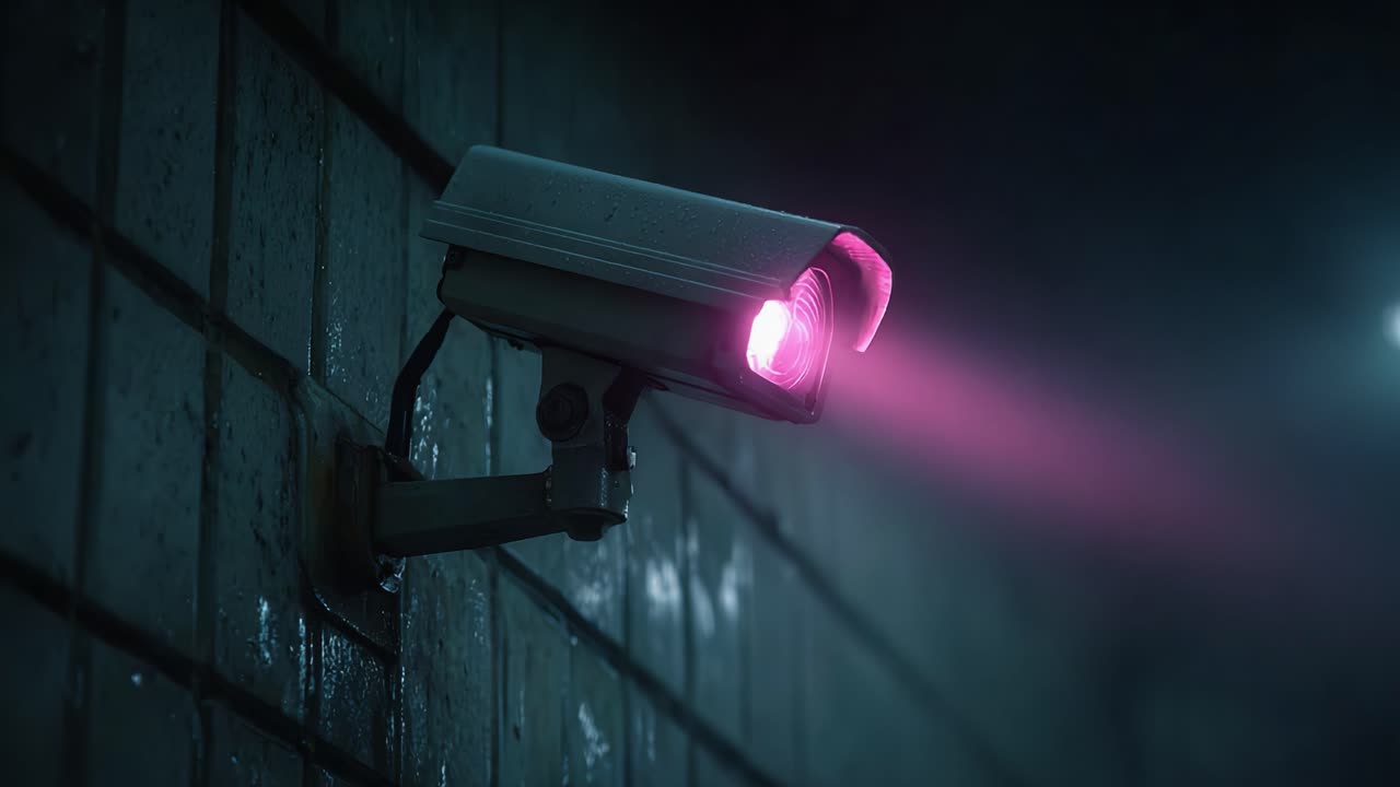 Surveillance Camera Capturing a Neon Glow in an Urban Environment, Emphasizing the Blend of Technology and Atmosphere in Modern Security Solutions
