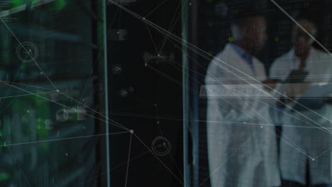 network of connections and data processing animation over person in lab coat
