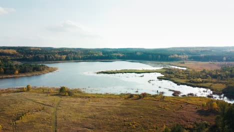 Vista-Aérea-Panorámica-Del-Lago-Y-El-Bosque-En-Otoño---Disparo-De-Drones---Polonia