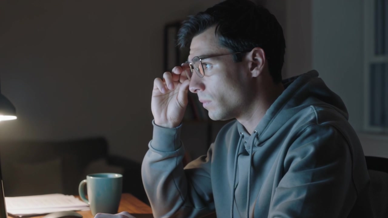 Hombre tecleando con sudadera con capucha gris y gafas, trabajando hasta tarde en el escritorio de casa bajo una lámpara, ajustándose las gafas.