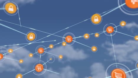 animación de una red de iconos digitales contra nubes en el cielo azul