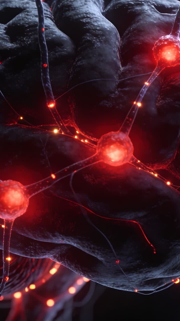 Video verticale: Un nodo pulsante che genera un cluster di scintille, segnalando lungo i filamenti sulla corteccia, nodi rossi