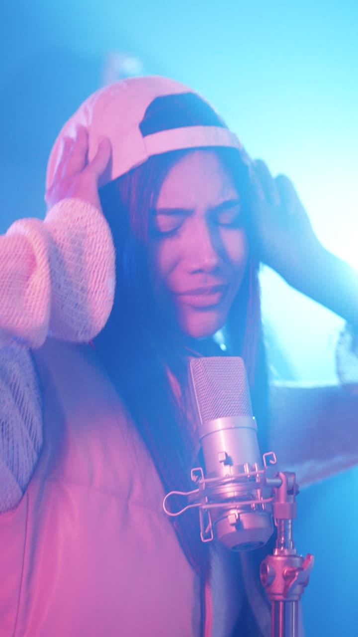 Young female rapper singing into a studio microphone. Vertical
