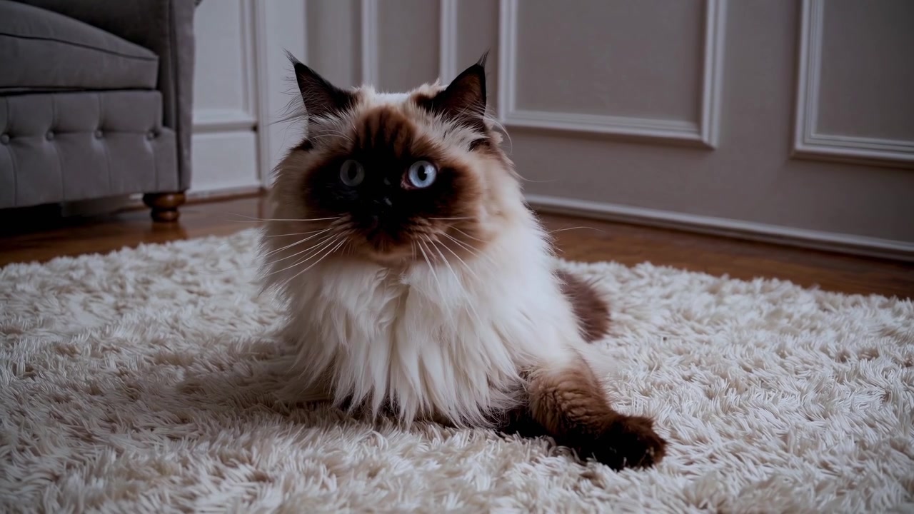 Morbido gatto Ragdoll che riposa su un tappeto soffice