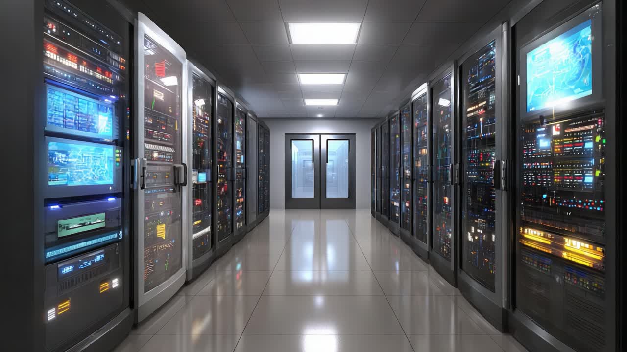 A Glimpse into the Heart of Data Management: Rows of High-Tech Servers in a Modern Data Center, Showcasing Advanced Technology and Data Storage Solutions