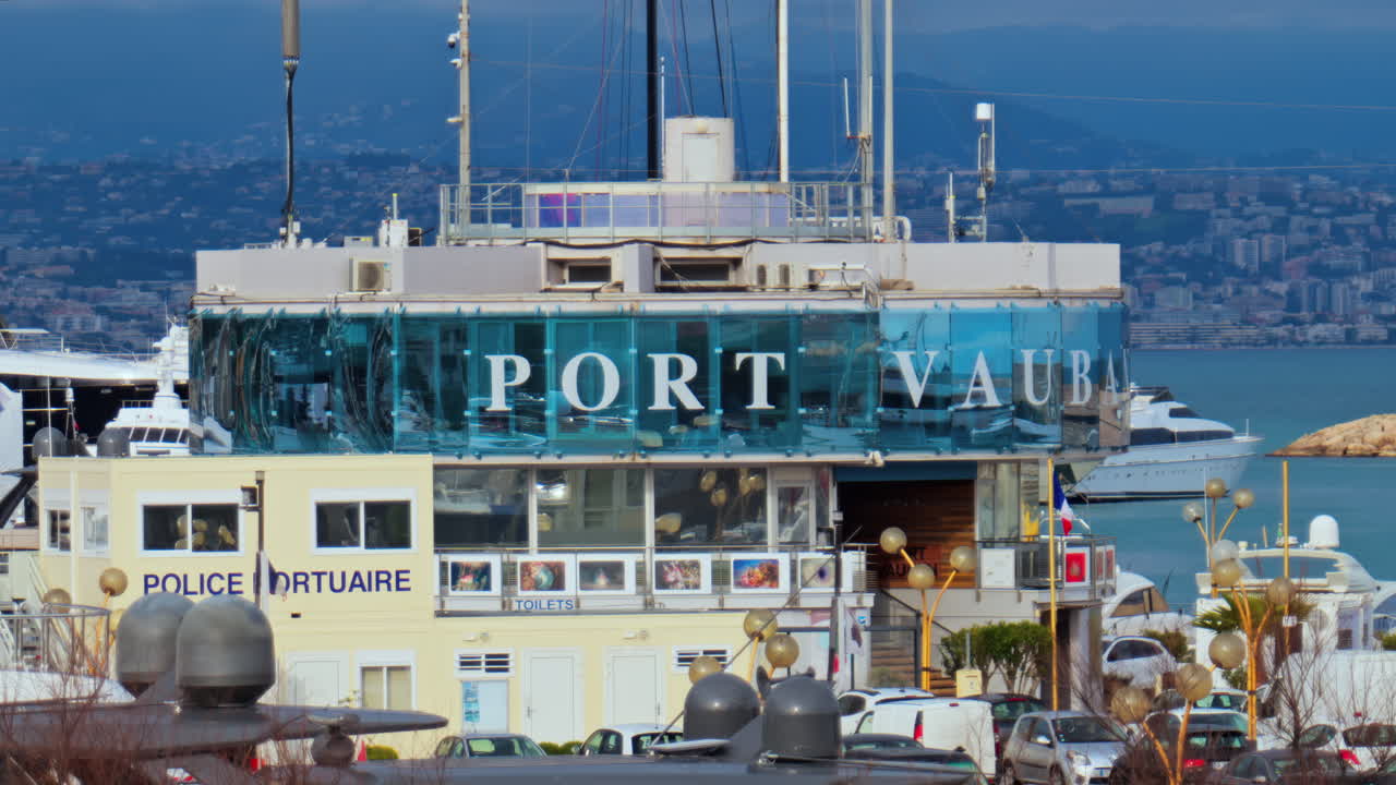 Antibes, France - February 10, 2025: Port Vauban writing on the entrance of the harbour