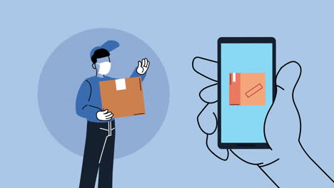 safe delivery courier wearing medical mask with carton box in smartphone