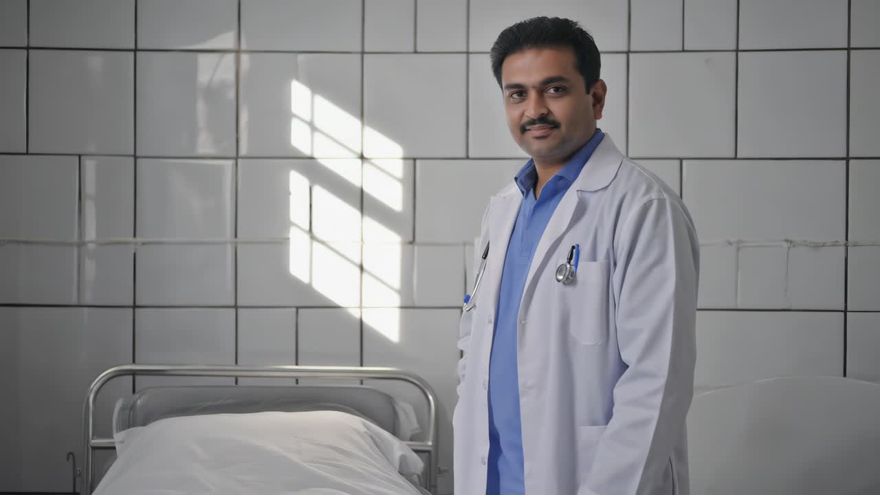 Smiling Indian doctor wearing a white coat and stethoscope stands in a hospital room, with a bed and window in the background, exuding confidence and professionalism in healthcare