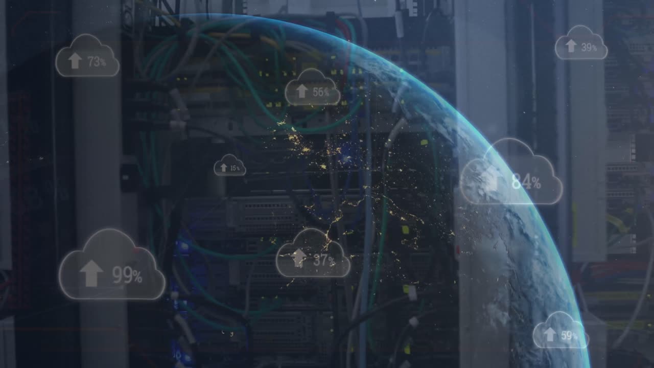 서버 랙의 뒷 패널에 대한 전 세계 구름에서 화살표와 변하는 숫자의 애니메이션