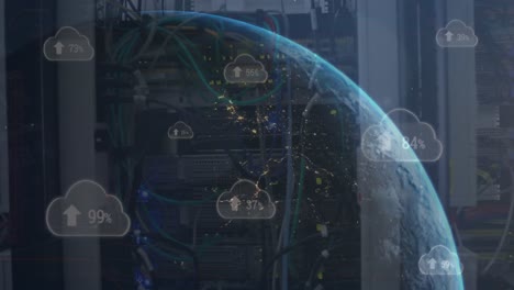 animation of arrow and changing numbers in clouds over globe against back panel of server racks