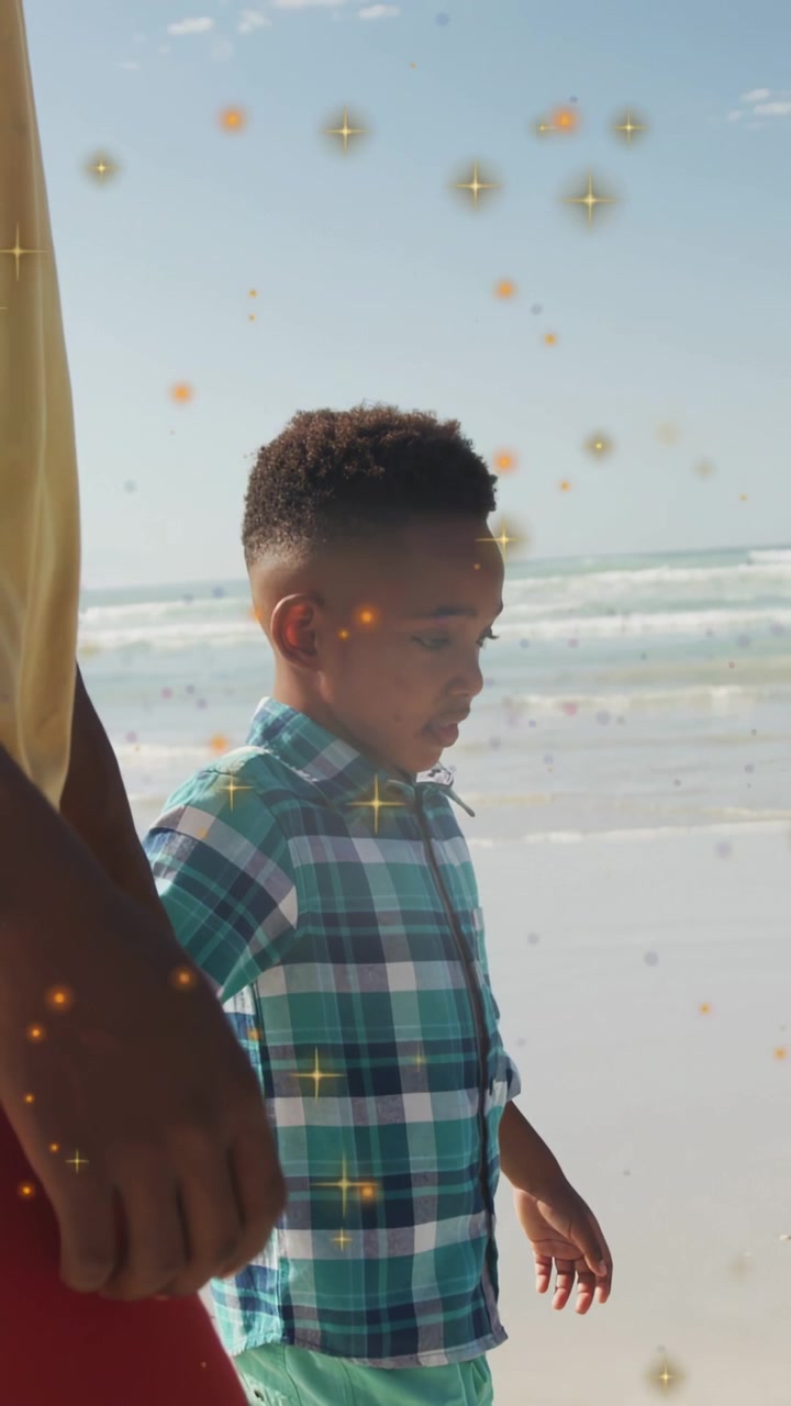 Vertical video: Golden sparkles appearing as adult and child walking hand-in-hand on shore, bonding