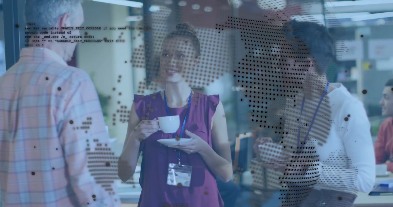 Intern lifting coffee cup initiating dotted world map and code fragments over glass for tech break