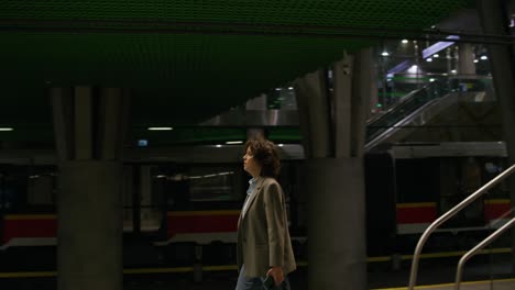 woman walking through a modern subway station at night