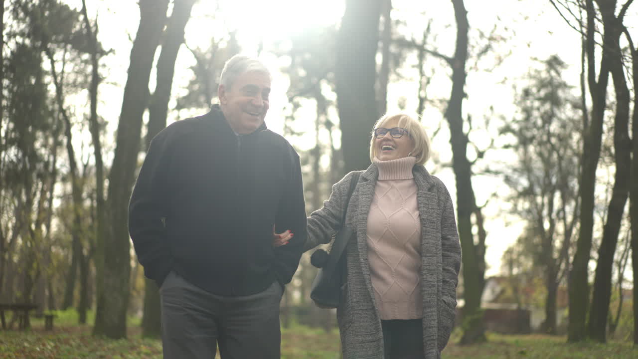 Elderly couple walking in the park during autumn