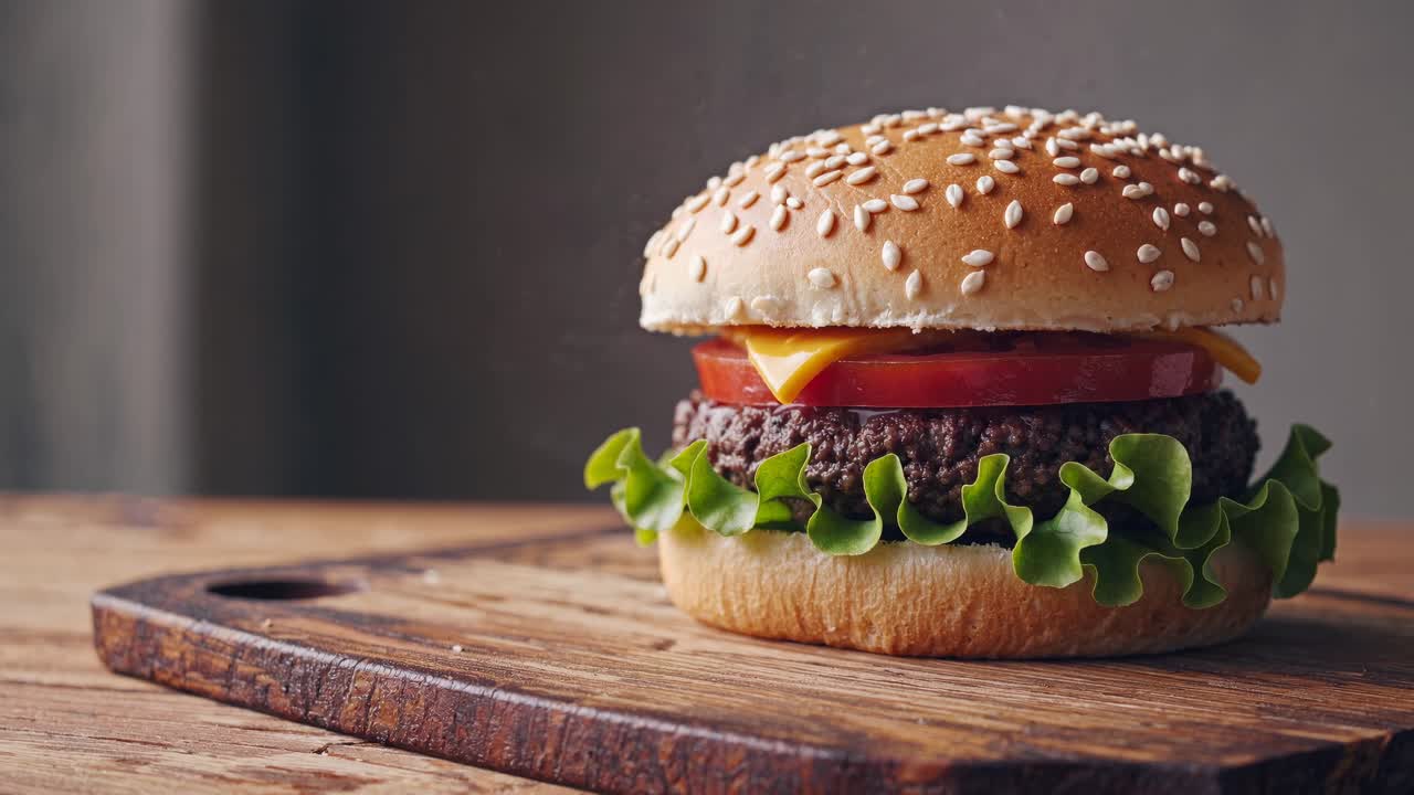 Close-up video shot of a classic cheeseburger on a wooden board, showcasing fresh ingredients