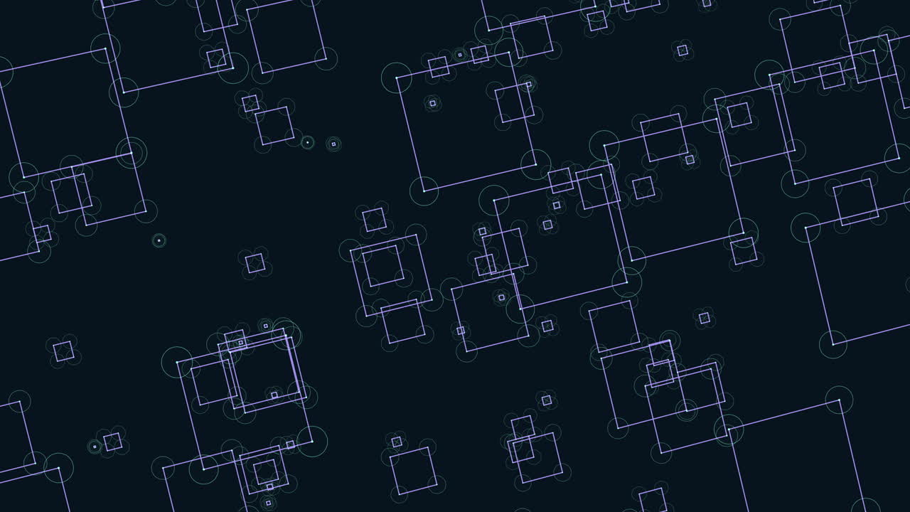 Geometric symmetry thin lines connect floating squares and rectangles on black background