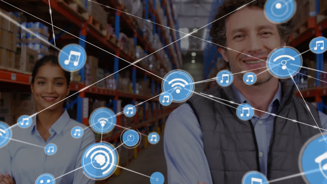 animación de la red de conexiones con iconos sobre diversas personas de negocios que trabajan en el almacén