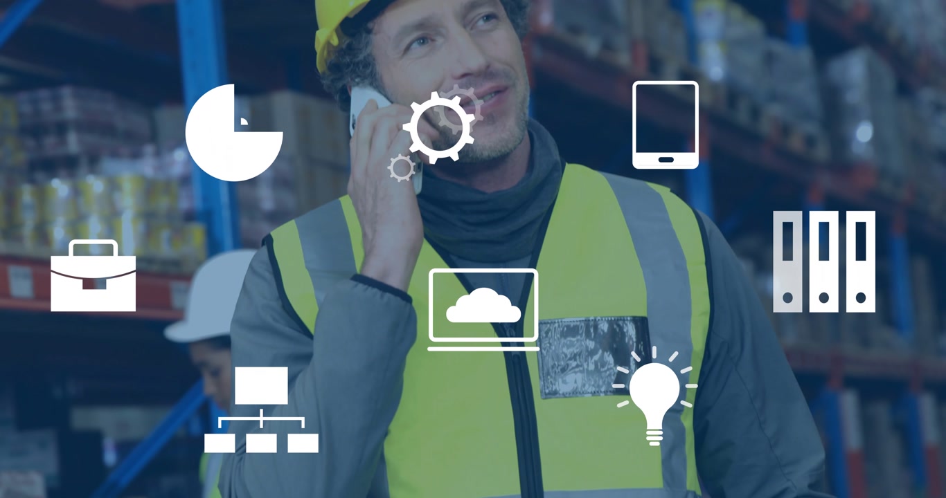 Male supervisor receiving phone call while checking clipboard, animated icons guiding logistics