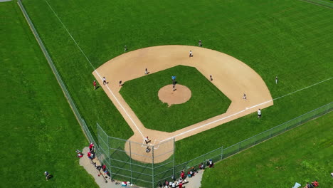 high aerial view of little league baseball game