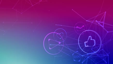Animation-of-digital-icons-over-network-of-connections-on-pink-to-purple-background