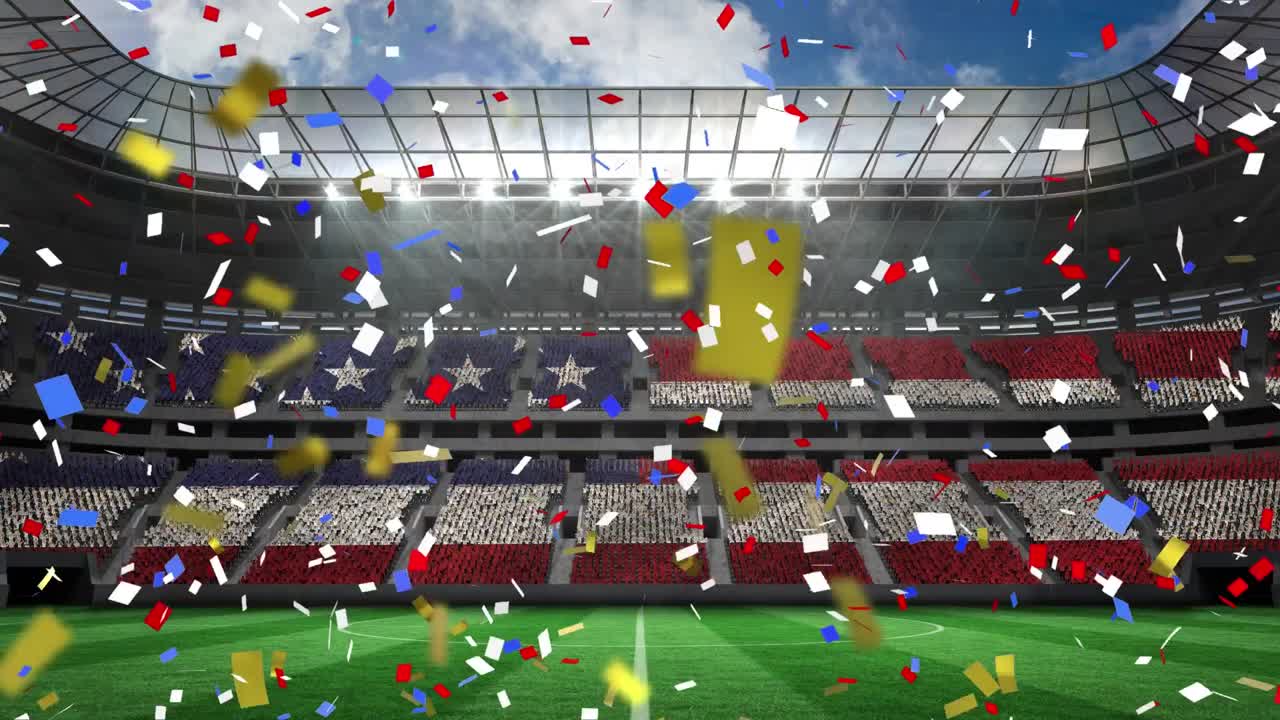 경기장 에 있는 콘페티 위 에 있는 미국 국기 의 애니메이션