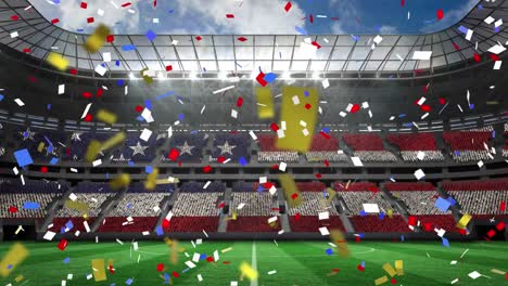 animation of flag of usa over confetti on stadium