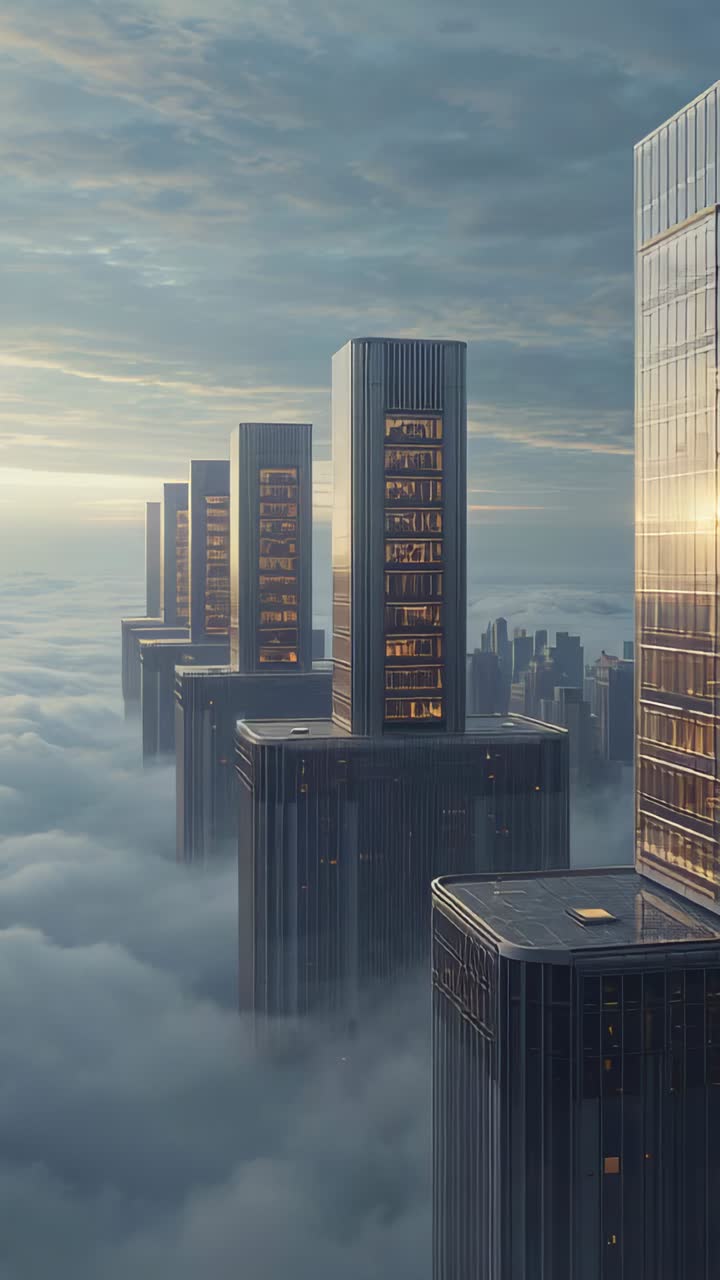 Vertical video: Pushing camera showing central tower above fog, bringing window stack into focus