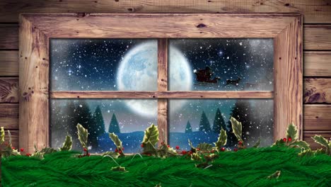 animación digital de decoraciones de navidad y marco de ventana de madera contra la silueta negra de santa