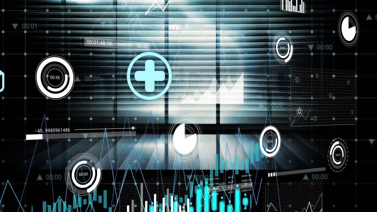 animación del procesamiento de datos y diagramas sobre iconos de medios