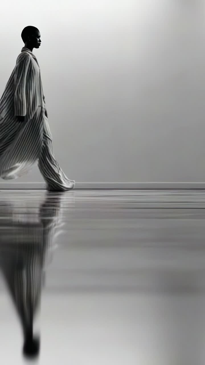 En markant silhuet af en model, der elegant går i et stilfuldt, monokromt outfit, fanget mod en elegant, reflekterende baggrund, der understreger elegance og bevægelse.