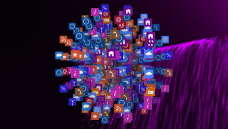 animation of network of rotating globe made of icons and purple lights on black background