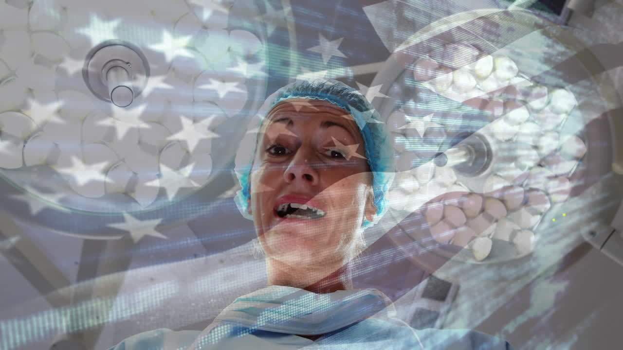 외과의사 위에 흔들리는 미국 국기의 애니메이션