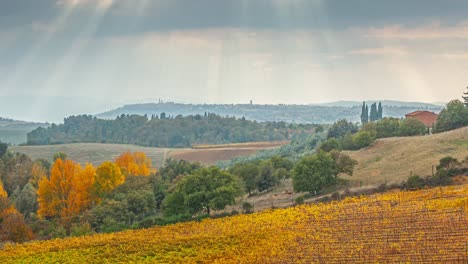 Paisaje-Otoñal-En-Toscana,-Itay,-Viñedo-En-Primer-Plano,-Granja,-árboles-Y-Colinas,-Cielo-Nublado,-Rayos-De-Sol-Atravesando-Las-Nubes---Imágenes-De-Lapso-De-Tiempo-De-4k