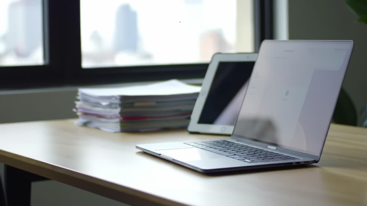 A Modern Workspace Featuring a Sleek Laptop, a Tablet, and Organized Paperwork, Showcasing Productivity and Minimalist Design in a Contemporary Office Environment