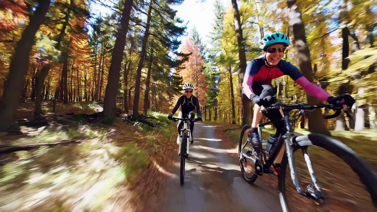 Dynamic video still of cyclists on a forest trail, captured from a low-angle, showcasing vibrant