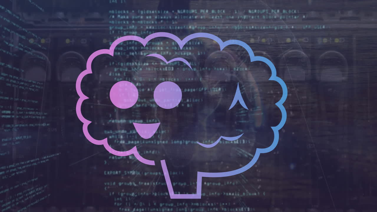 Animation of smiling brains over computer language against cable