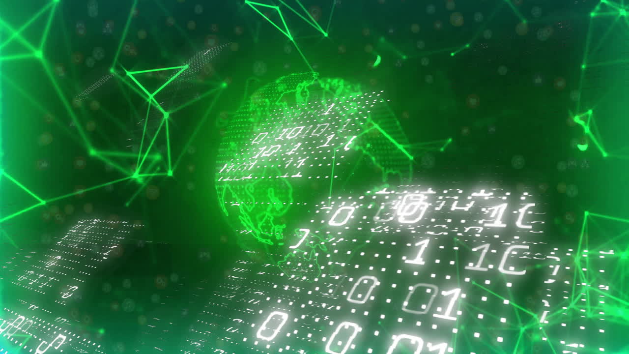 Digital globe and binary code data processing animation over green network connections