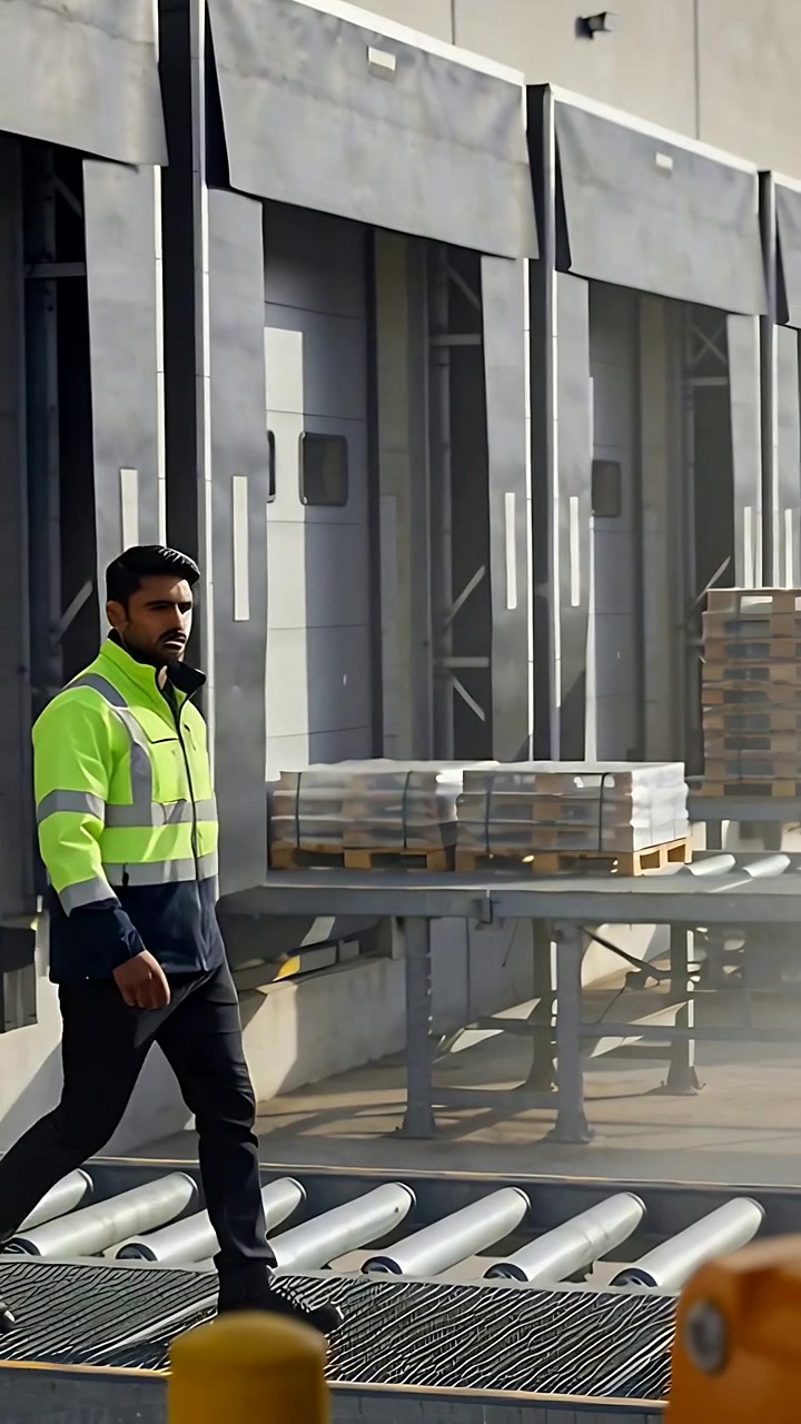 Video vertical: Entrando desde la izquierda, trabajador de almacén con chaqueta de alta visibilidad cruzando el muelle