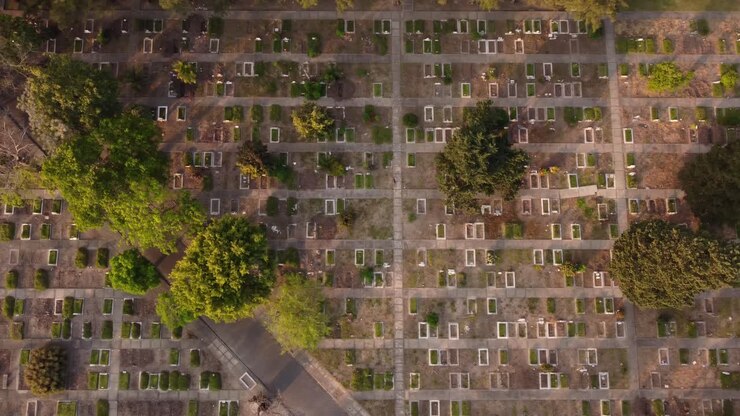 Area del Cimitero di Chacarita, Buenos Aires. Vista aerea dall'alto, laterale